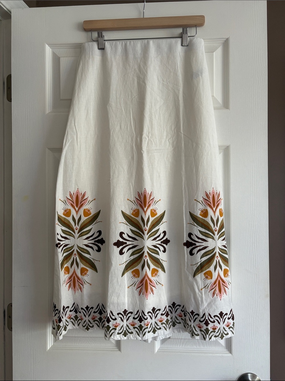 Rachel Zoe White A-Line Midi Skirt with Pink, Olive and Mustard Floral Border